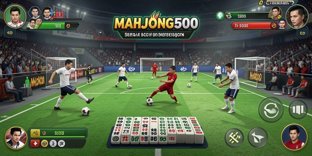 Tangkapan layar <strong>MAHJONG500</strong> menunjukkan aksi seru dalam permainan sepak bola.